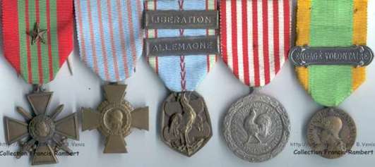 Brochette de décorations de Roger Rambert obtenues pendant la période de guerre 1943-45