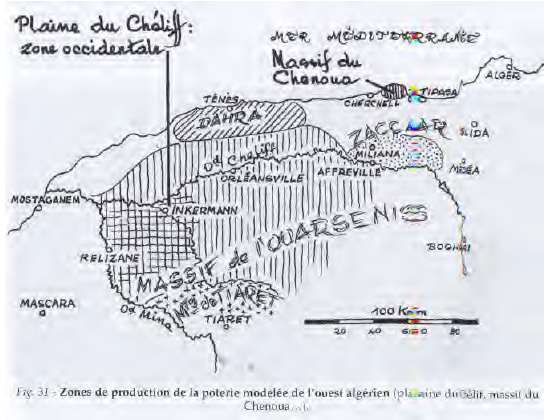 Zones de production de la poterie modelée de l'ouest algérien (plaine du Chélif, massif du Chenoua,...)