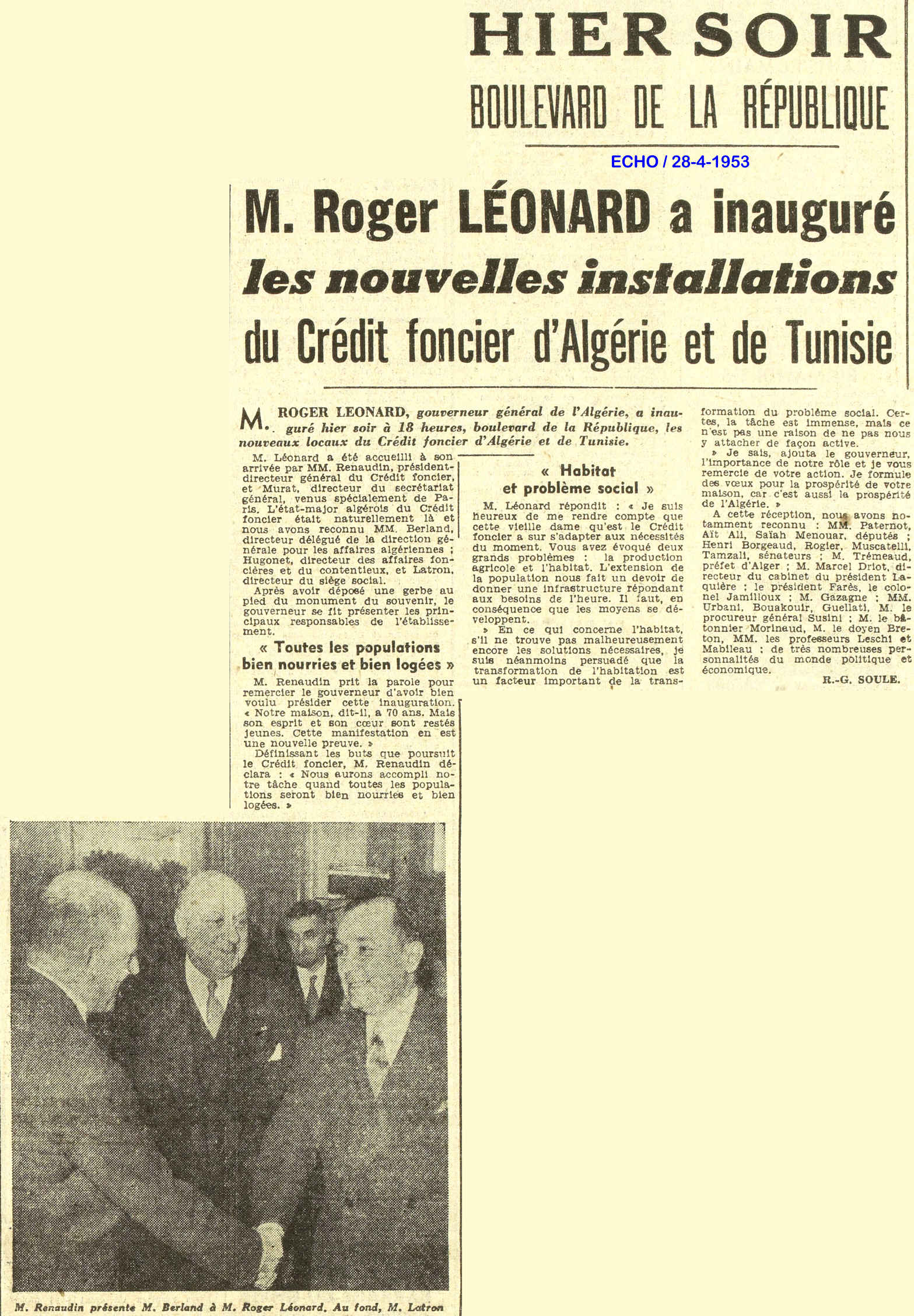 M. Roger LÉONARD a inauguré les nouvelles installations du Crédit foncier d’Algérie et de Tunisie
