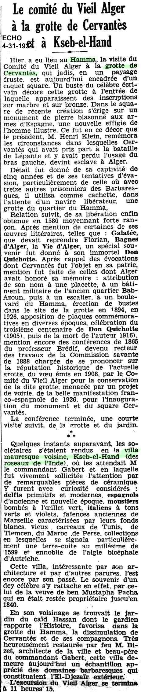 Le Comité du Vieil Alger à la grotte de Cervantès à Alger et à Kseb-el-Hand