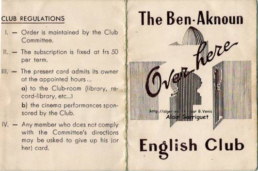 Carte d'adhérent au Club d'Anglais du Lycée de Ben Aknoun des années 1950.