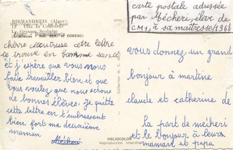 Carte postale adressée à sa maîtresse par Mécheri
