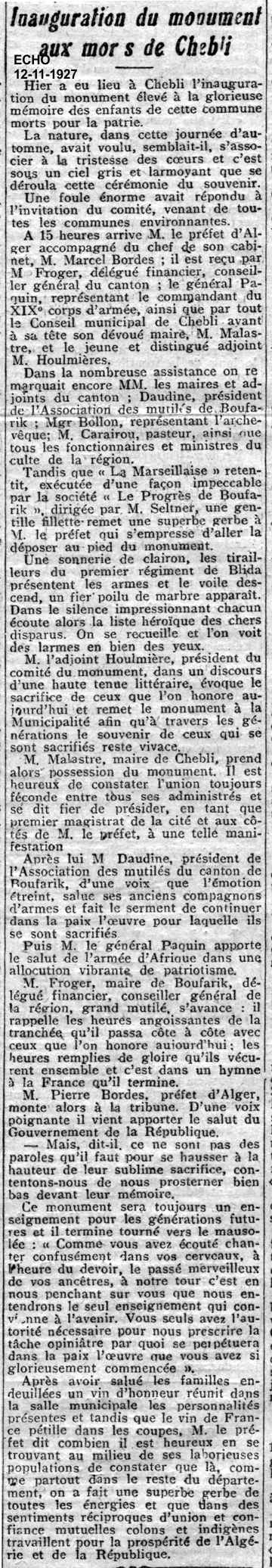 Inauguration du Monument aux Morts- 1927 