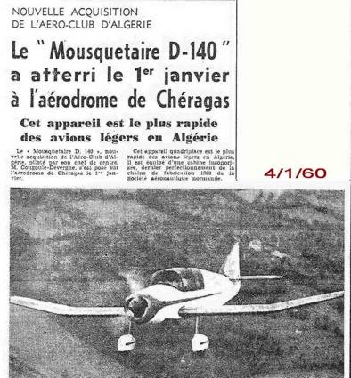 Le "Mousquetaire D-140" a atterri sur l'aérodrome de Chéragas
