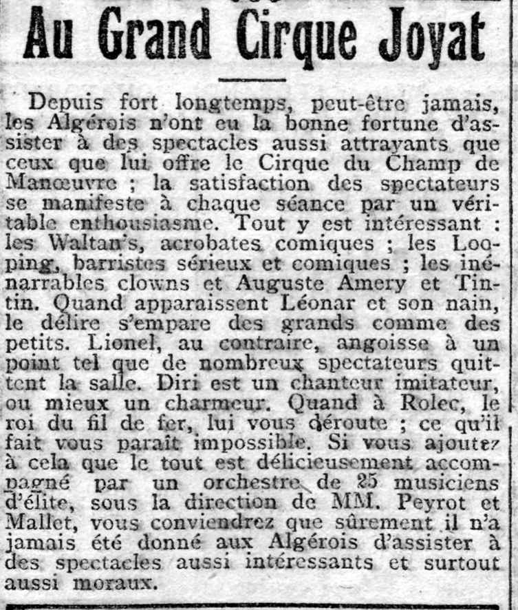 Au grand cirque JOYAT - 1919