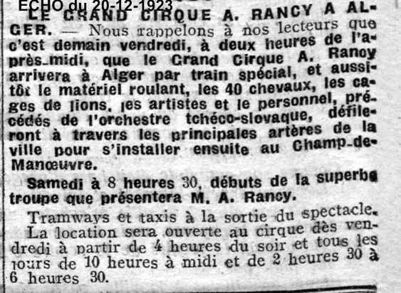 Le cirque A.RANCY à Alger - 1923