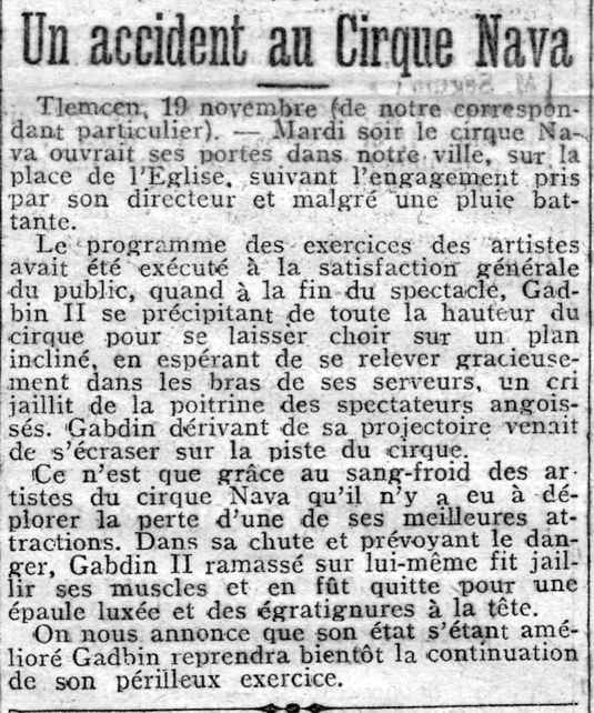 Accident au cirque NAVA à Tlemcen - 1924