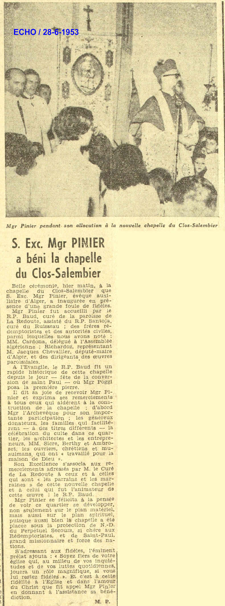 S. Ext. Mgr PINIER a béni la chapelle du Clos-Salembier 