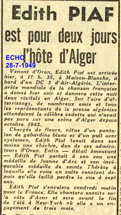 Edith PIAF est pour deux jours' l'hôte d'Alger