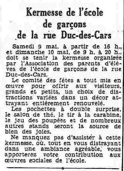 Kermesse de l'école de garçons de la rue Duc-des-Cars - mai 1959 