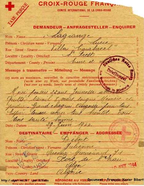 Lettre adressée à Julienne Bibert, août 1944, sous couvert de la Croix-rouge française.