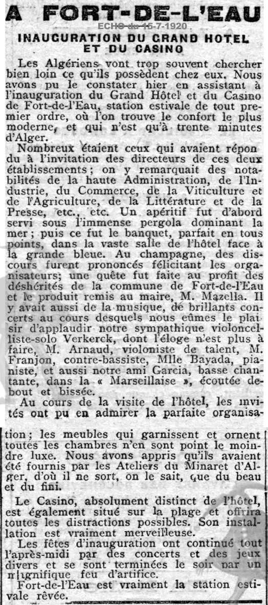 INAUGURATION du GRAND HÔTEL et du CASINO(nota : 1920)
