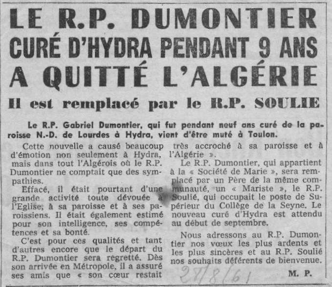 Le R.P. DUMONTIER CURÉ D'HYDRA PENDANT 9 ans A QUITTÉ L'ALGERIE