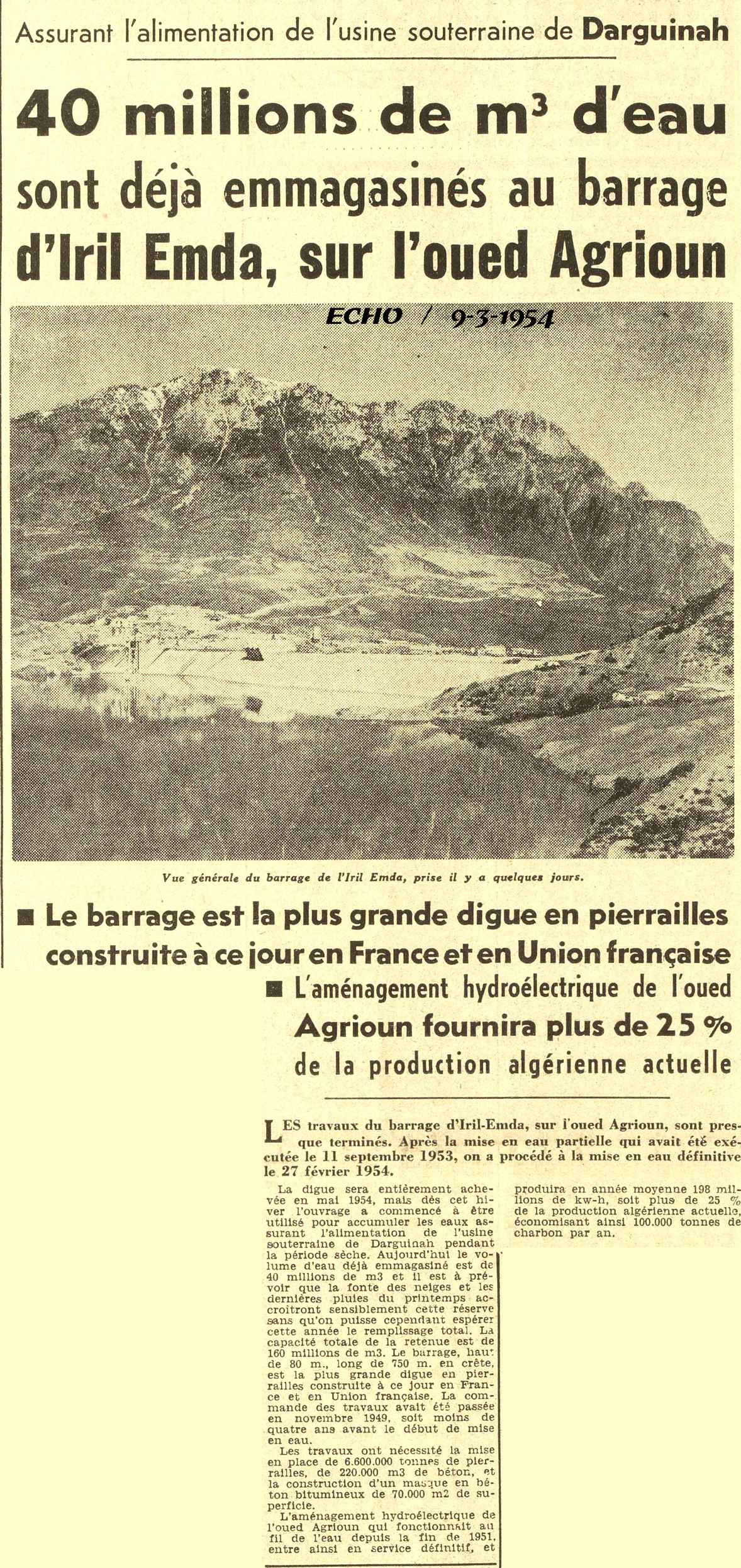 Le barrage Iril-Emda sur l'oued Agrioun