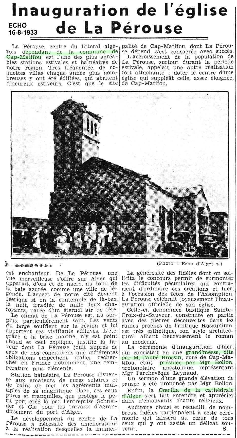 Inauguration de l'église de La Pérouse