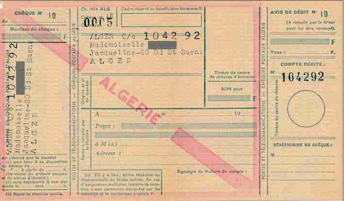 cheque postal des  P.T.T de l'Algerie