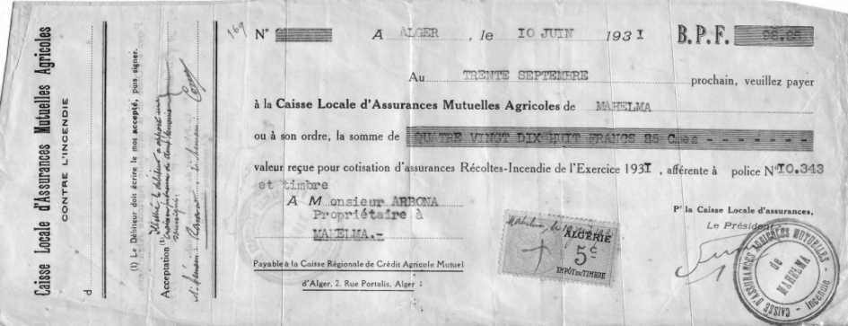Un reçu délivré par La Caisse Régionale de Crédit Agricole Mutuel d'ALger, 1931 