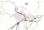 Plan de situation du marché national (carré noir) dans la zone algéroise.Trait pointillé : limites du Grand alger. En grisé : nouvelles zones industrielles.
