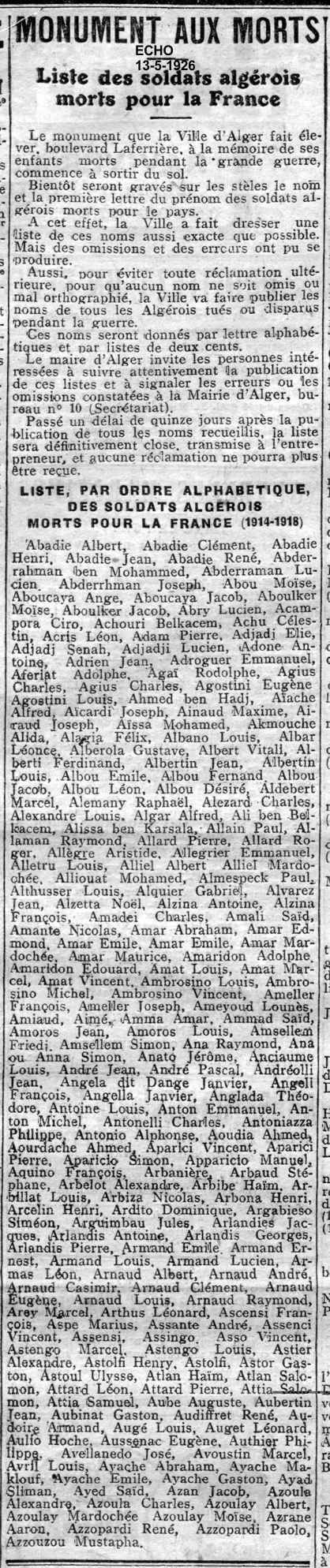 LISTE, PAR ORDRE ALPHABETIQUE, DES SOLDATS ALGEROIS MORTS POUR LA FRANCE (1914-1918)