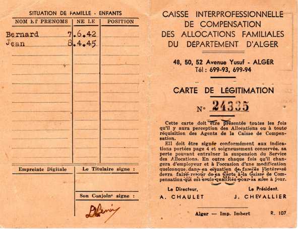Caisse Interprofessionnelle de Compensation des Allocations Familiales du Département d'Alger ( C.I.C.A.F.D.A.) 48 avenue Yusuf, Alger.
