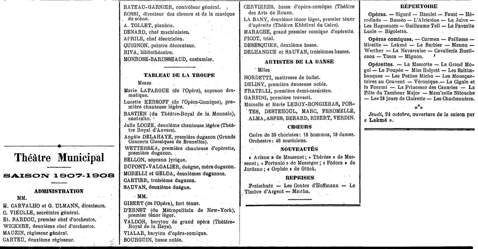 Programme de l'opéra d'Alger - saison 1907-1908