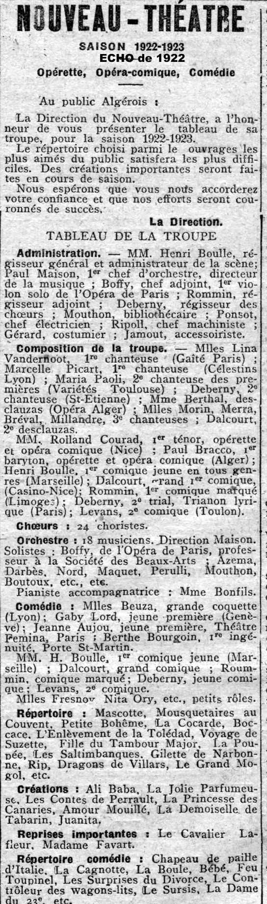 Programme de l'opéra d'Alger - saison 1922 - 1923