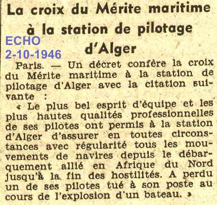 La croix du Mérite maritime à la station de pilotage d'Alger