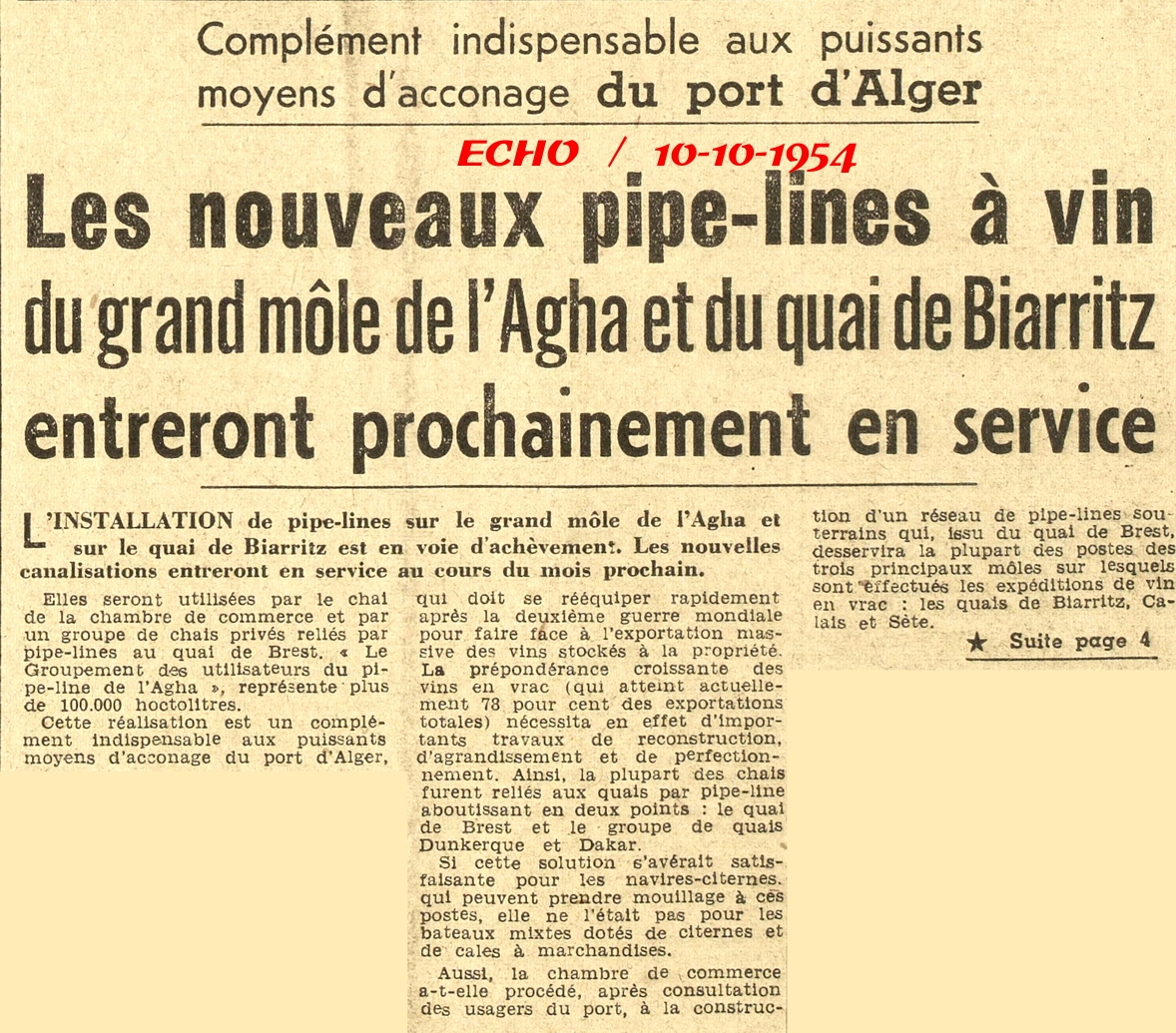L’INSTALLATION de pipe-lines sur le grand môle de l’Agha et 