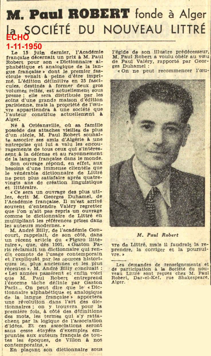 1.- M. PAUL ROBERT fonde à Alger la SOCIÉTÉ DU NOUVEAU LITTRÉ