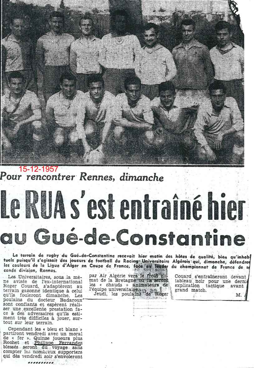 Avant les 1/32e de Finale contre le Stade Rennais à Rennes pour le dimanche 15 décemre 1957 .