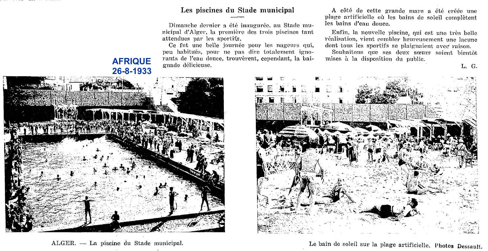 Inauguration , au Stade municipal d'Alger, de la première des trois piscines
