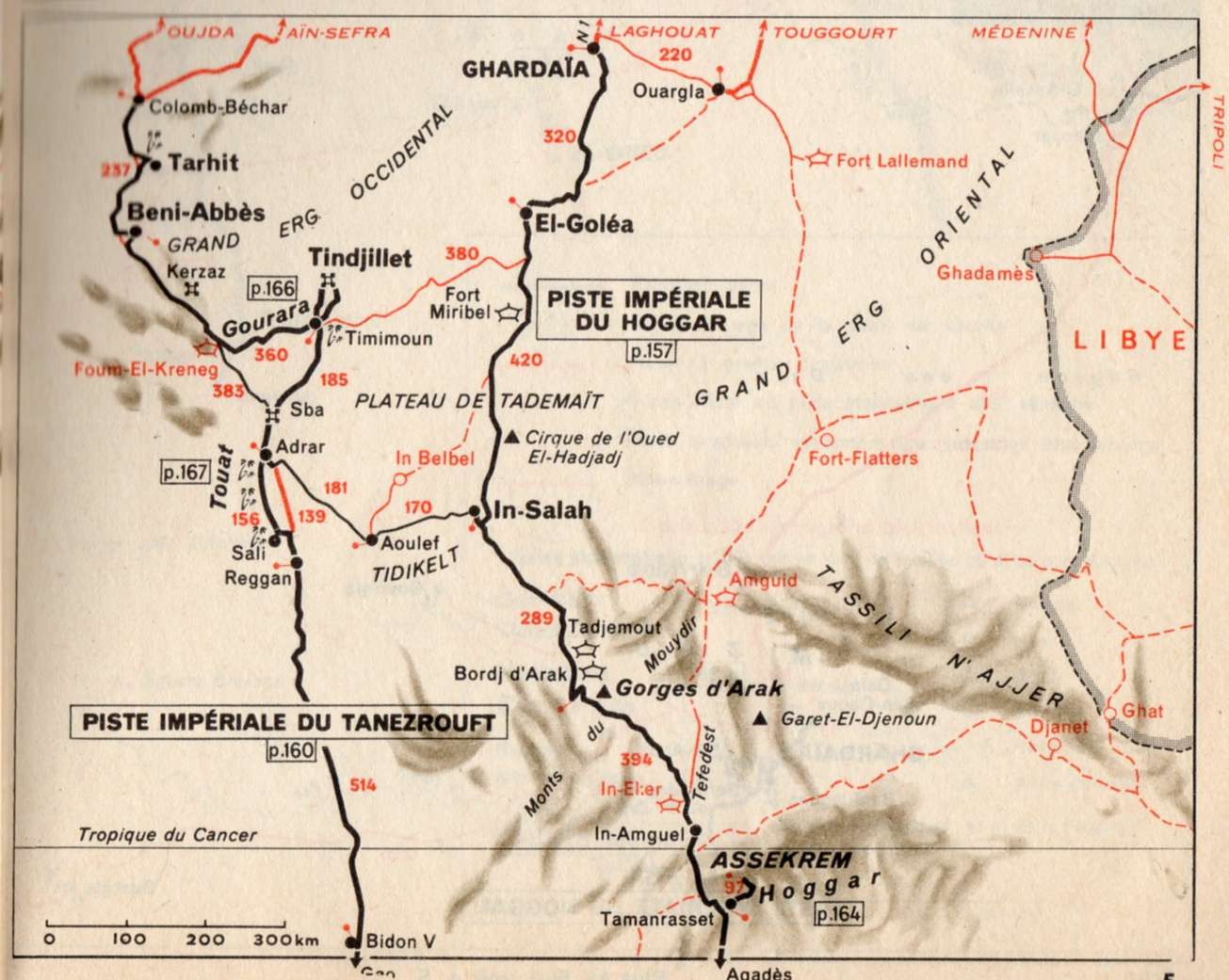 le sahara,carte selon guide vert michelin 1956,piste imperiales du hoggar et du tanezrouft