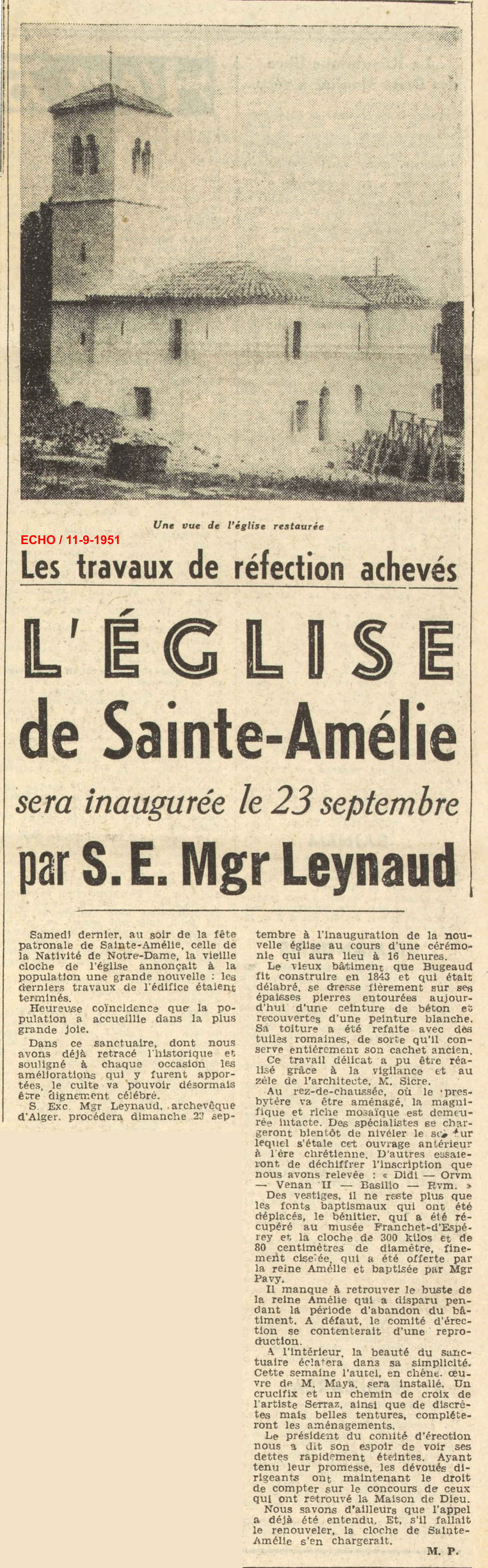 L'ÉGLISE de Sainte-Amélie sera inaugurée le 23 septembre par S. E. Mgr Leynaud