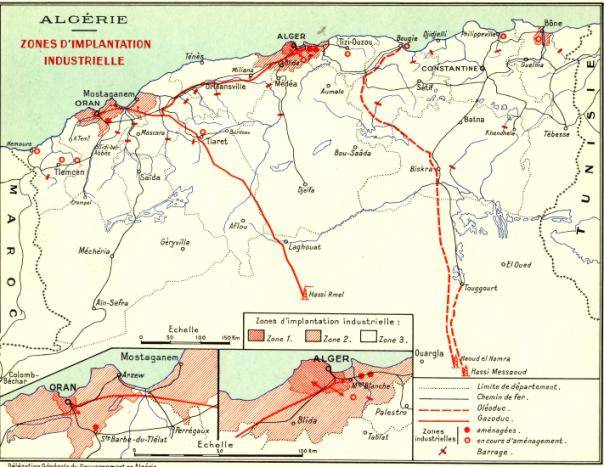Carte de 1960 indiquant les projets de développement industriel du plan de Constantine