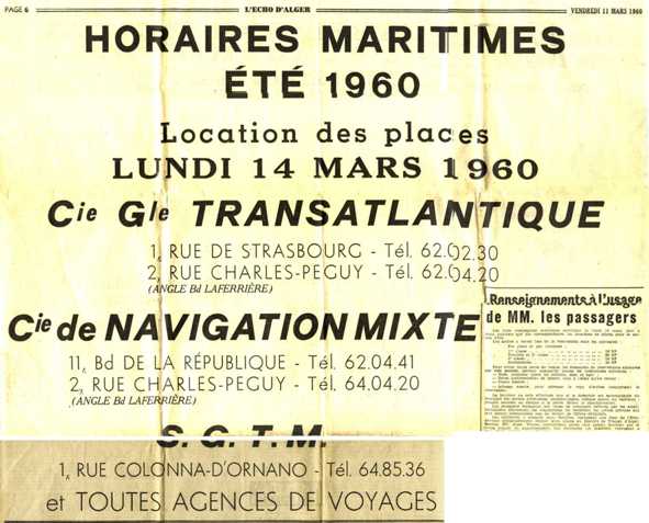 Calendrier horaire des courriers maritimes des ports d'Alger et de la métropole - été 1960