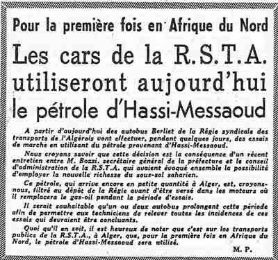 Les cars de la R.S.T.A utiliseront le petrole d'Hassi-Messaoud - mai 1959