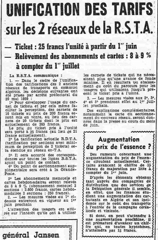R.S.T.A : UNIFICATION des TARIFS - mai 1959
