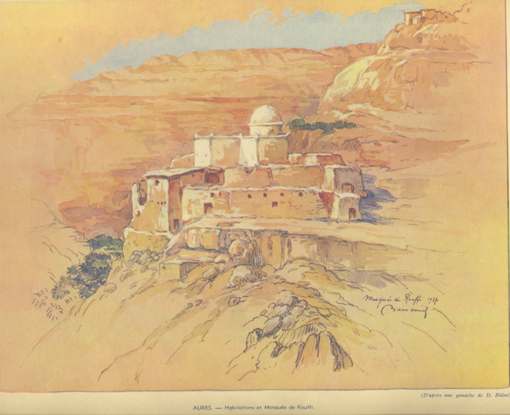 D'après une gouache de D.Bidon - Habitations et mosquée de Rouffi -Document "Algeria revue, n°68, noel 1938"